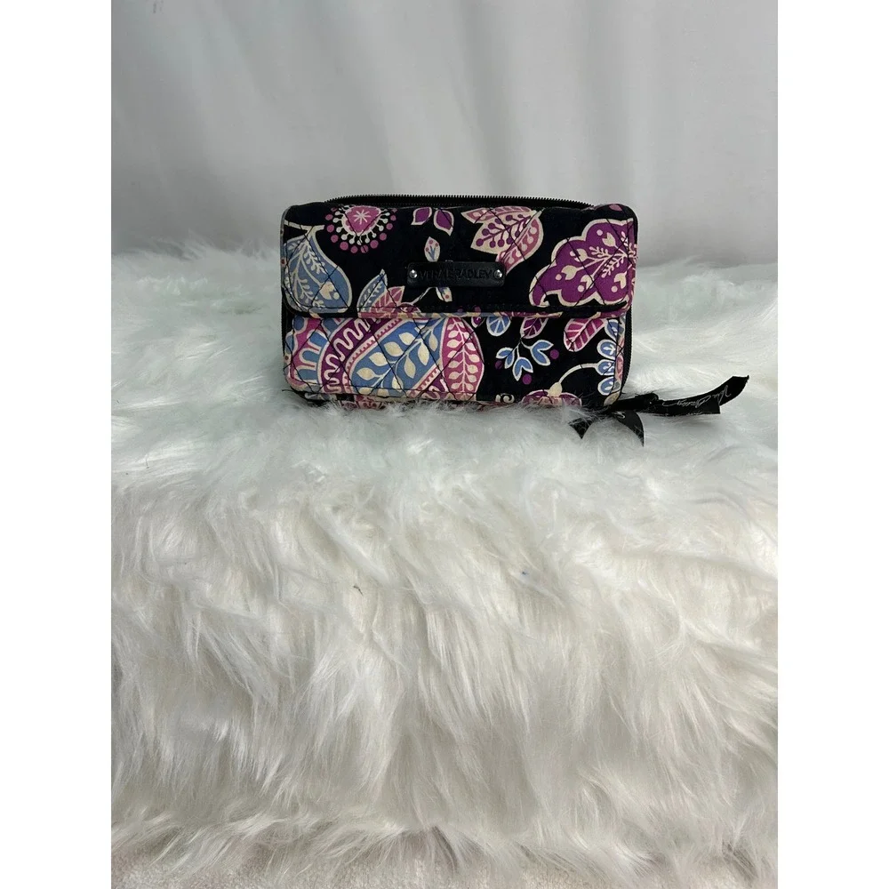 Vera Bradley Quilted Wallet Floral Black Purple Snap Flap Zip Around